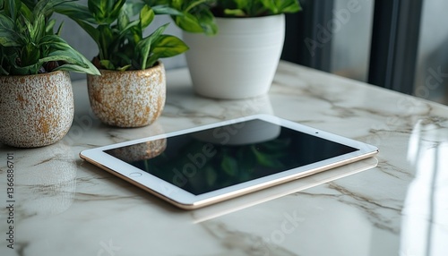 Modern Tablet on Marble Table Surrounded by Green Indoor Plants