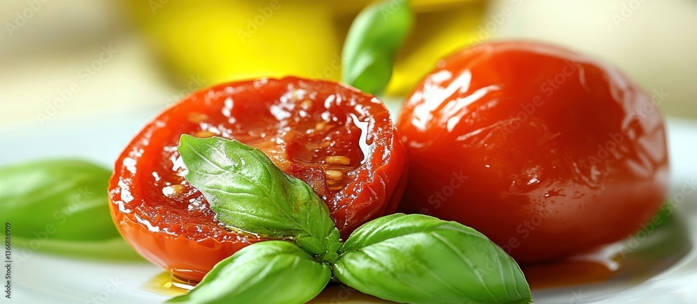 Fresh Tomato Slices with Basil Leaves and Olive Oil on a Plate