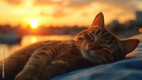 Obraz na płótnie Relaxed Tabby Cat Enjoying Sunset on a Cozy Bed by the Water w salonie