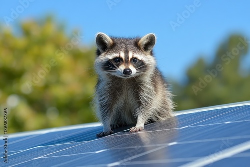 Playful Raccoon Observing Nature on Solar Panel Under Bright Blue Sky