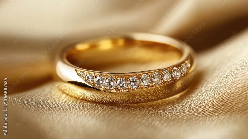 A sleek eternity gold ring with round diamonds, casting subtle sparkles on a smooth golden fabric. A sleek eternity gold ring with round diamonds, casting subtle sparkles on a smooth golden fabric.