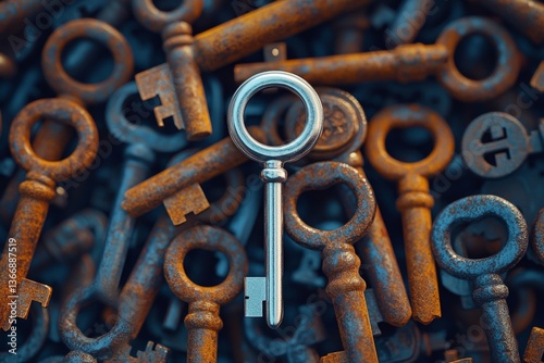 Silver key among rusty vintage antique keys symbolizing uniqueness, success, leadership, opportunity, standout potential, value, and personal growth in a conceptual metaphor on contrast and choice
