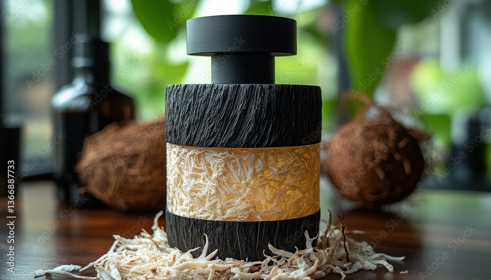 Elegant Black and Natural Aroma Diffuser on Wooden Table with Greenery