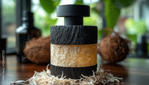 Obraz na płótnie Elegant Black and Natural Aroma Diffuser on Wooden Table with Greenery w salonie