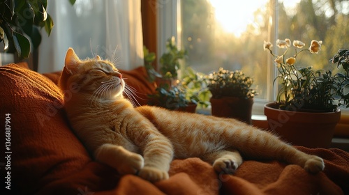 Relaxing Ginger Cat Enjoys Sunlight by Window with Plants in Cozy Space