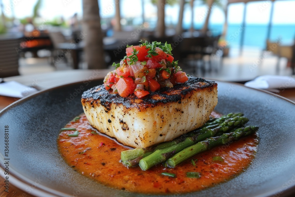 Grilled Fish Fillet with Salsa and Asparagus on Elegant Restaurant Table