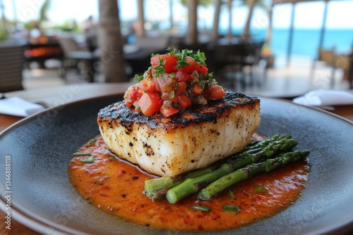 Obraz na płótnie Grilled Fish Fillet with Salsa and Asparagus on Elegant Restaurant Table w salonie