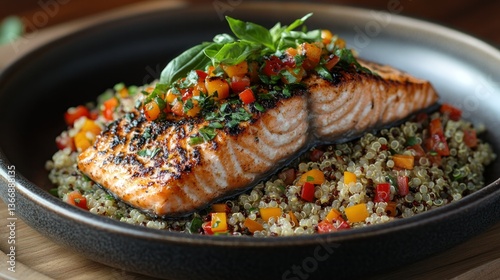 Fresh Grilled Salmon with Quinoa and Colorful Vegetable Garnish