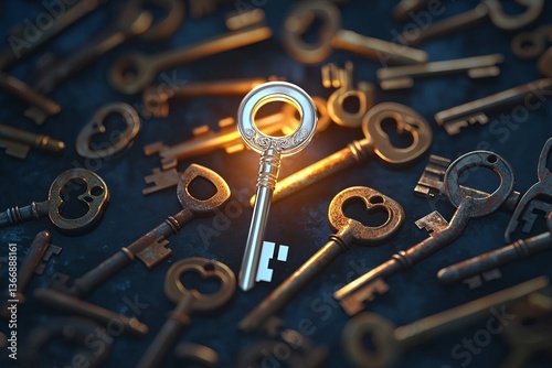 Silver key among rusty vintage antique keys symbolizing uniqueness, success, leadership, opportunity, standout potential, value, and personal growth in a conceptual metaphor on contrast and choice
