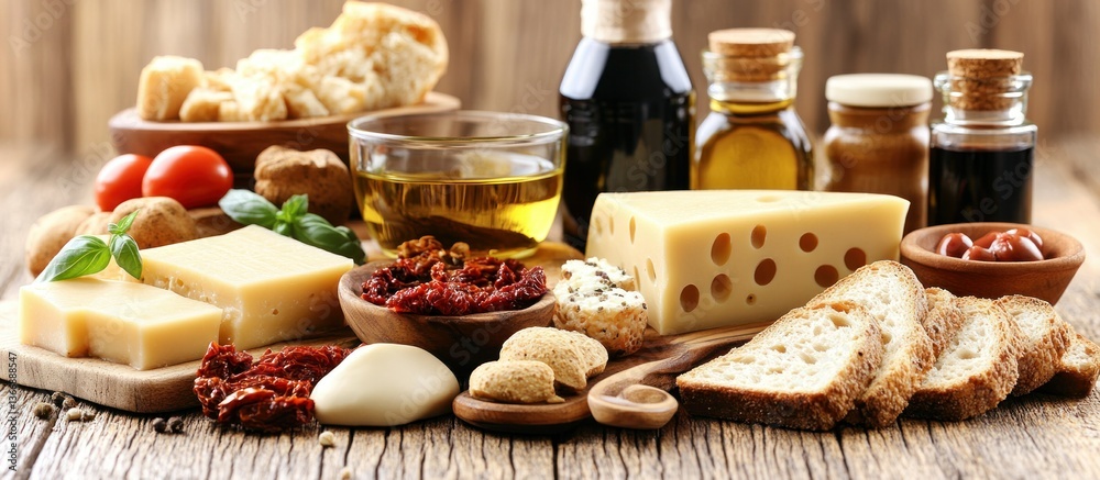 Assortment of Cheeses, Olives, Bread, and Spices on Rustic Wooden Table