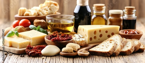Obraz na płótnie Assortment of Cheeses, Olives, Bread, and Spices on Rustic Wooden Table w salonie