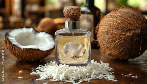 Elegant glass perfume bottle with coconut shell on wooden table background