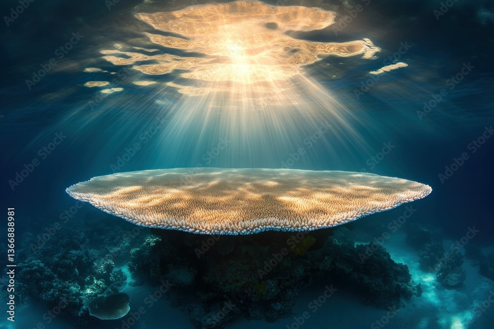 Majestic Underwater Coral Reef with Sunlight Filtering Through Water Surface