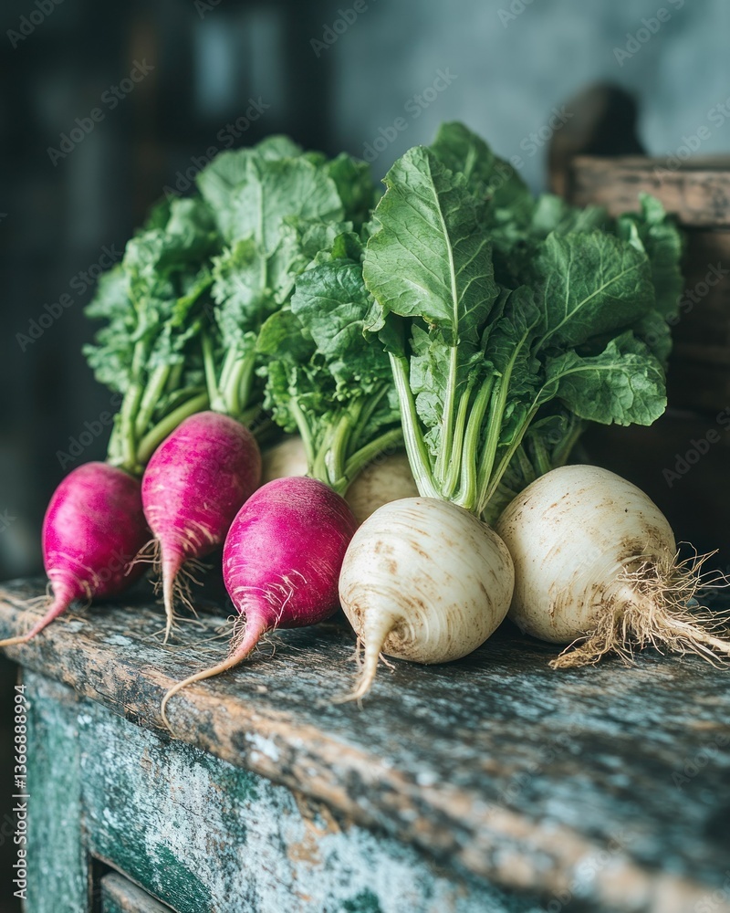 Fresh Colorful Radishes and Turnips on Rustic Wooden Surface