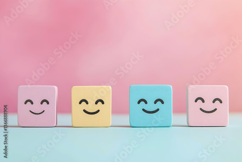 Colorful smiley face blocks arranged in a row against a soft pink background, conveying a cheerful and playful atmosphere.