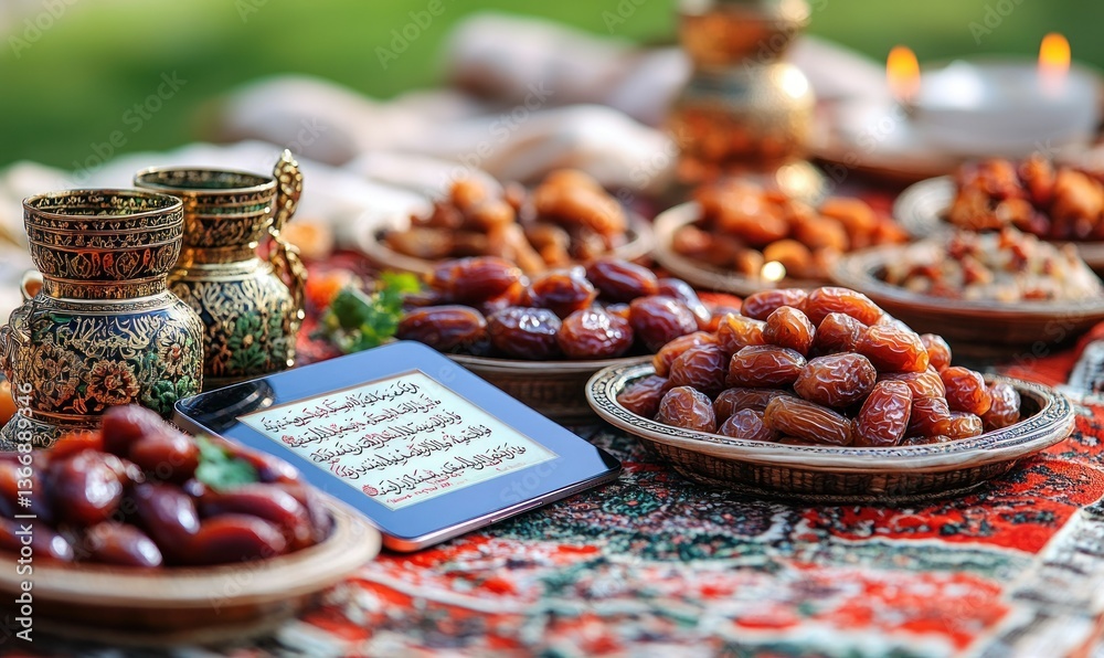 Assorted Dried Fruits and Dates on Decorative Table with Holy Text Displayed