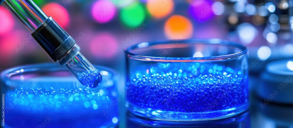 Blue Gel Balls in Glass Containers with Pipette and Colorful Background