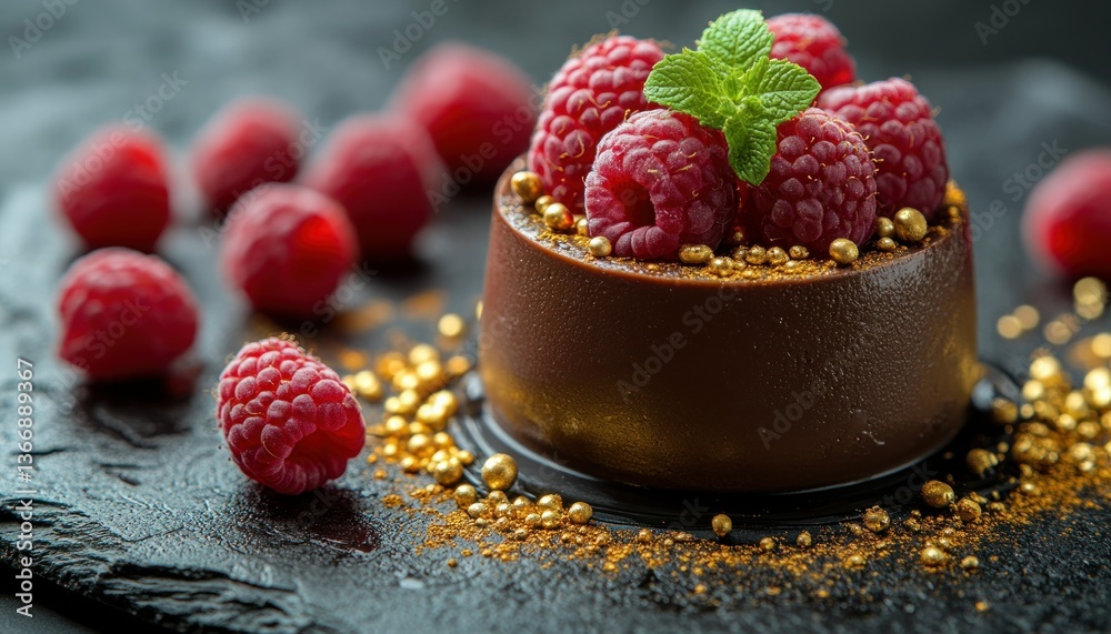 Decadent Chocolate Mousse Dessert with Fresh Raspberries and Mint Garnish