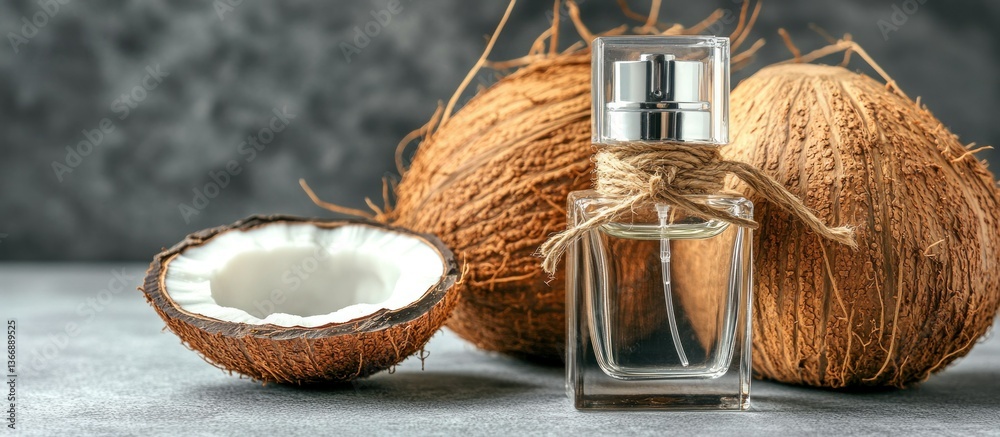 Coconut Fragrance Bottle Surrounded by Whole and Halved Coconuts