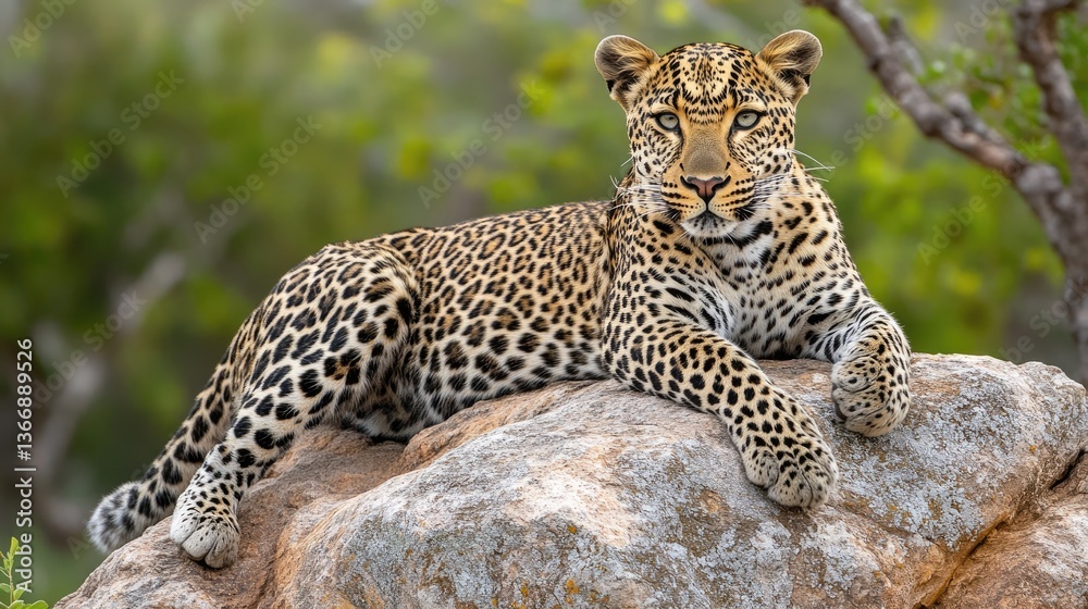 A spotted leopard rests atop a jagged rock, its posture exuding both relaxation and control. A spotted leopard rests atop a jagged rock, its posture exuding both relaxation and control.