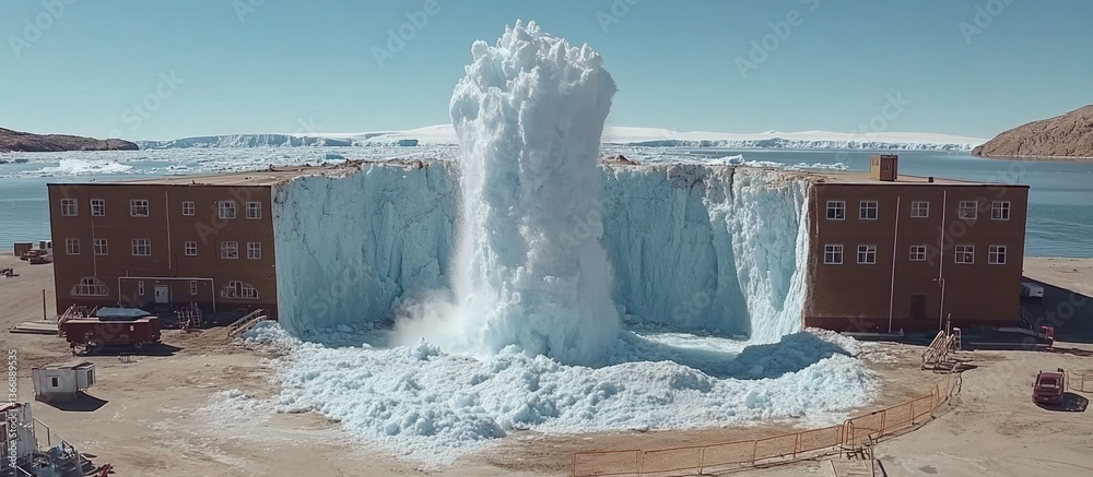Iceberg Breakup Activity Near Buildings in Arctic Landscape with Water Splash