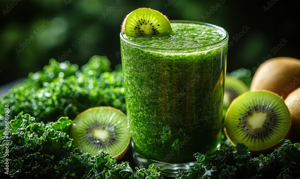 Refreshing Green Smoothie with Fresh Kiwi and Kale on Dark Background