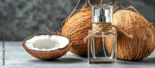 Obraz na płótnie Coconut Fragrance Bottle Surrounded by Whole and Halved Coconuts w salonie