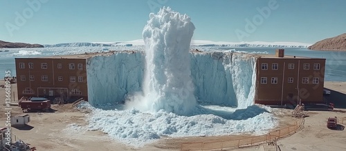 Iceberg Breakup Activity Near Buildings in Arctic Landscape with Water Splash