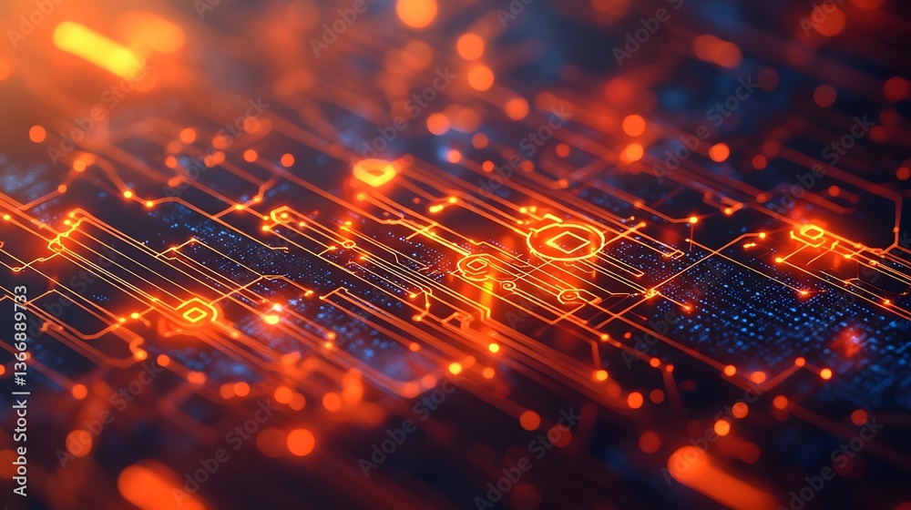 An illuminated circuit board with glowing lines and small lights An illuminated circuit board with glowing lines and small lights