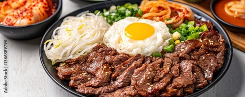 Delicious Korean Beef Bowl with Fried Egg, Kimchi, and Bean Sprouts.