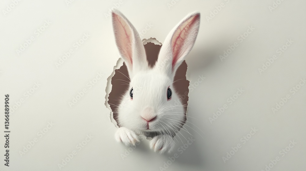 White rabbit peeking through hole in white paper White rabbit peeking through hole in white paper
