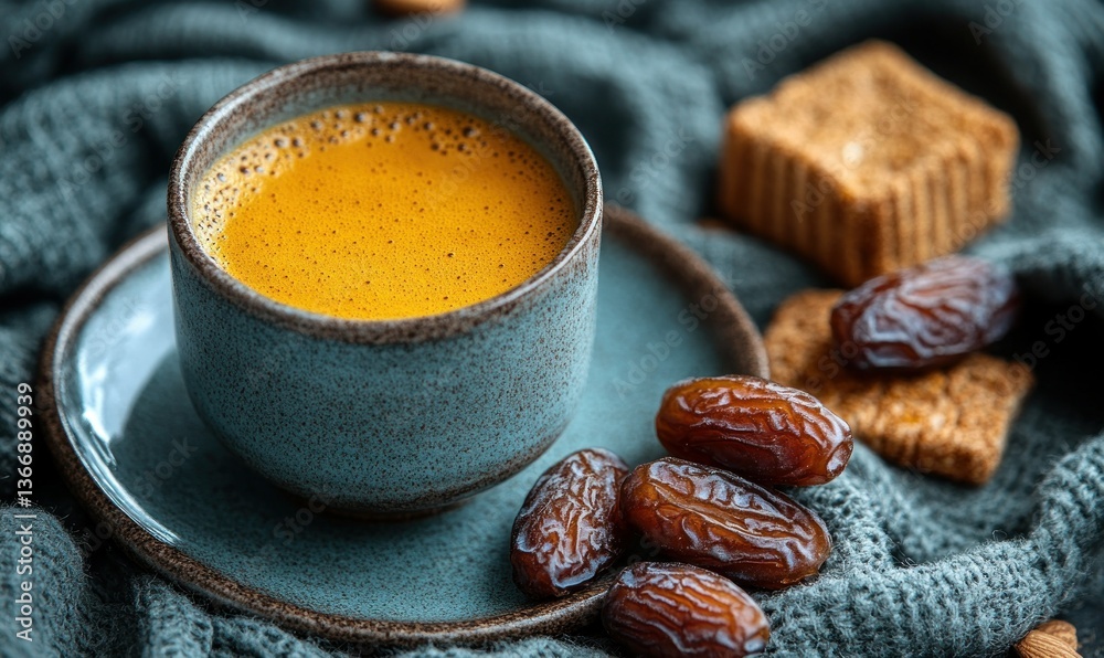 Warm Beverage with Dates and Cookies on Cozy Textured Background