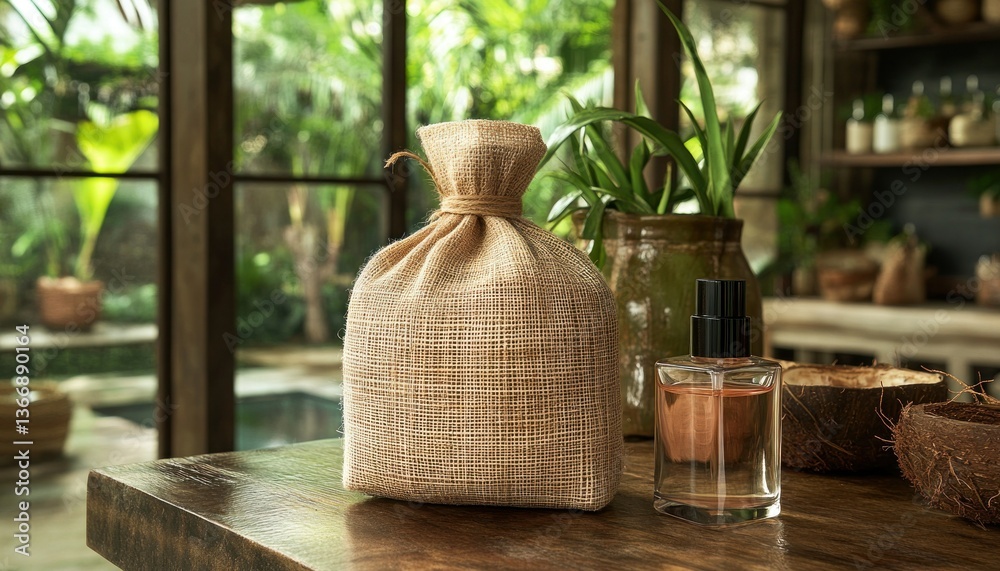 Elegant Natural Decor with Scented Oil and Burlap Bag in Relaxing Environment