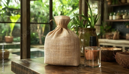 Obraz na płótnie Elegant Natural Decor with Scented Oil and Burlap Bag in Relaxing Environment w salonie