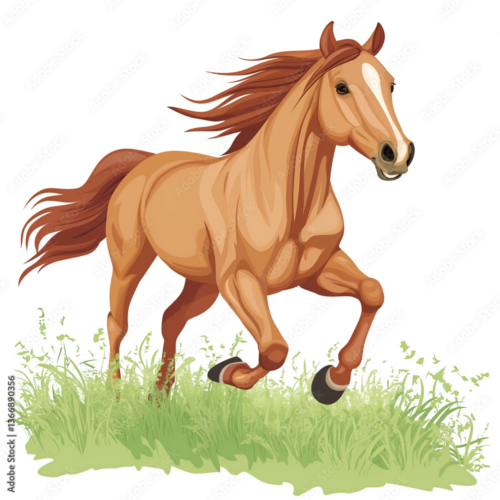 Obraz premium Running Horse Illustration in Green Grass Expressing Power and Freedom, Pets and Domesticated Animals Concept
