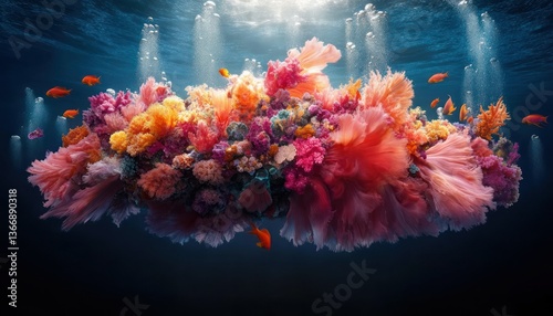 Obraz na płótnie Vibrant Underwater Floral Scene with Colorful Fish and Bubbles in Ocean w salonie