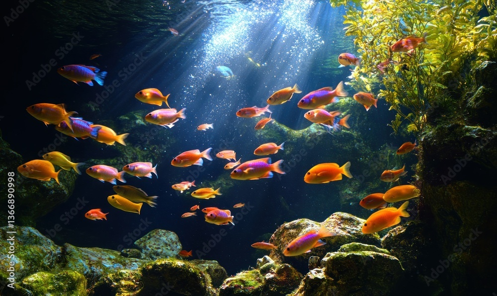 Colorful Tropical Fish Swimming in a Bright Underwater Scene with Rays of Light