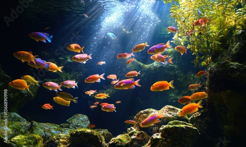 Obraz na płótnie Colorful Tropical Fish Swimming in a Bright Underwater Scene with Rays of Light w salonie