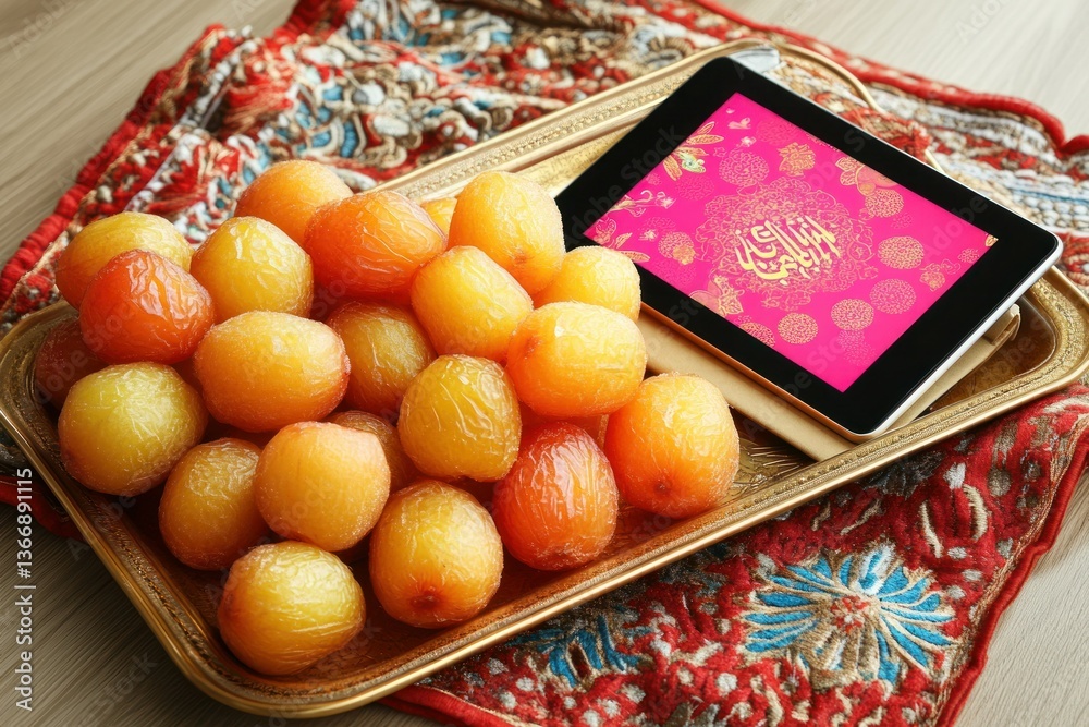 Fresh Lychee Fruits on Tray with Electronic Device and Colorful Fabric