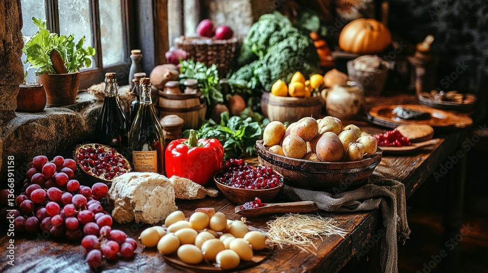 Fresh Organic Vegetables and Fruits Displayed on Rustic Wooden Table