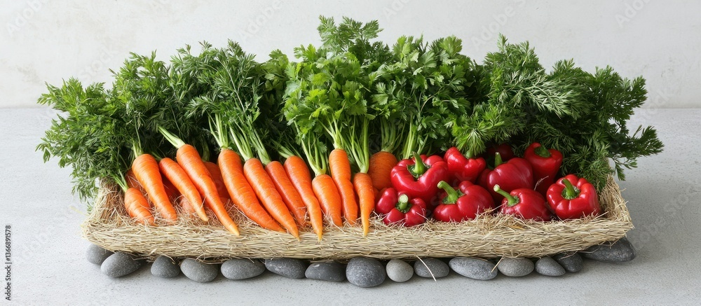 Fresh Organic Vegetables Displayed on a Rustic Wooden Tray with Stones