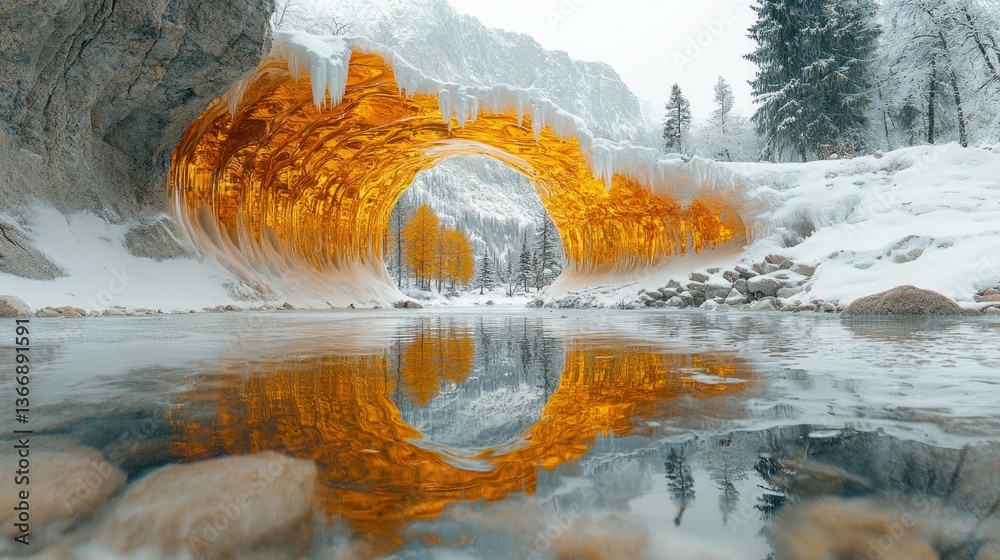 Stunning Ice Arch Over Reflection in a Winter Landscape Under Snowy Sky