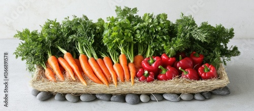 Obraz na płótnie Fresh Organic Vegetables Displayed on a Rustic Wooden Tray with Stones w salonie