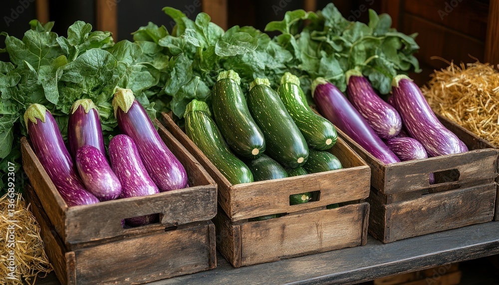 Fresh Vegetables in Wooden Crates with Green Leaves and Natural Background
