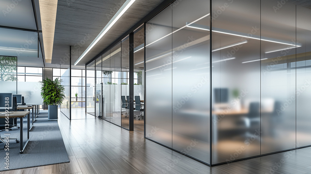 A contemporary office space featuring frosted glass walls and partitioned meeting rooms, offering a sleek and professional atmosphere.