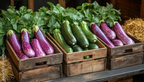 Obraz na płótnie Fresh Vegetables in Wooden Crates with Green Leaves and Natural Background w salonie