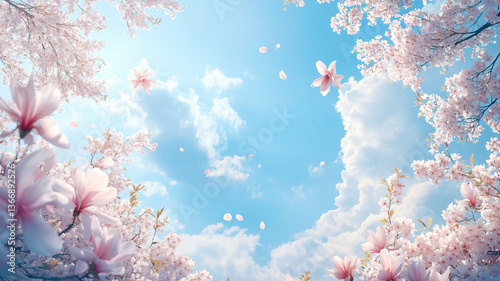 A bright spring scene with a clear blue sky and fluffy white clouds. Cherry blossoms and magnolia flowers frame the corners, leaving open space in the center.