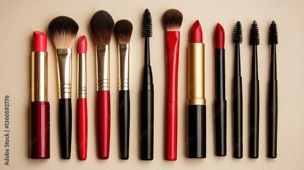 Obraz premium A makeup flat lay with lipsticks, brushes, and powder on a soft backdrop.