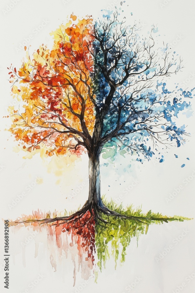 Fototapeta premium A vibrant watercolor painting of a tree split between autumn hues and a cool blue winter, showcasing the transition of seasons.
