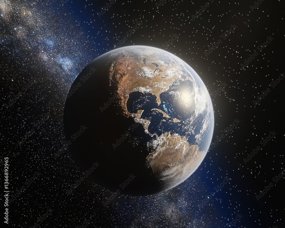 Fototapeta premium A stunning view of Earth from space, showcasing its landmasses and oceans against a backdrop of stars and cosmic elements.